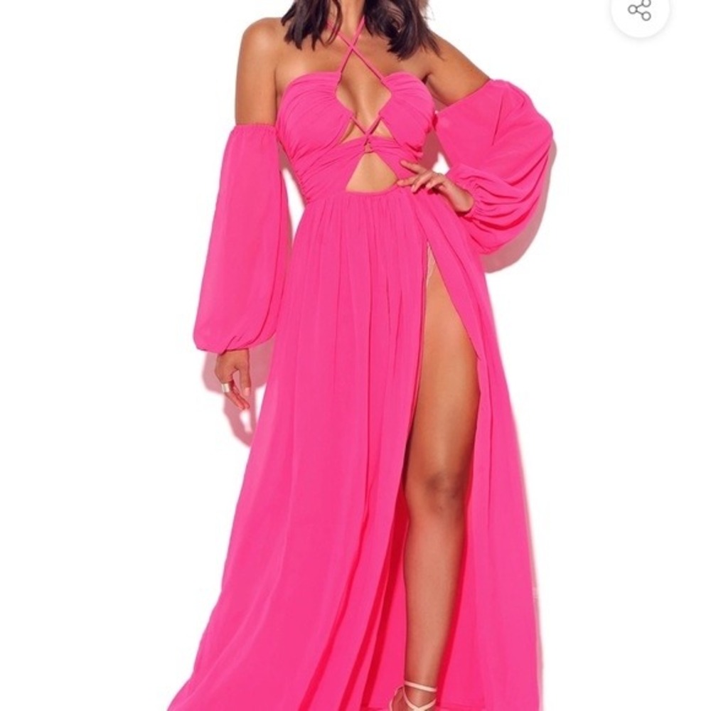 NEW Miss Circle Once An Angel Hot Pink High Slit Chiffon Maxi Dress‎ Size Large